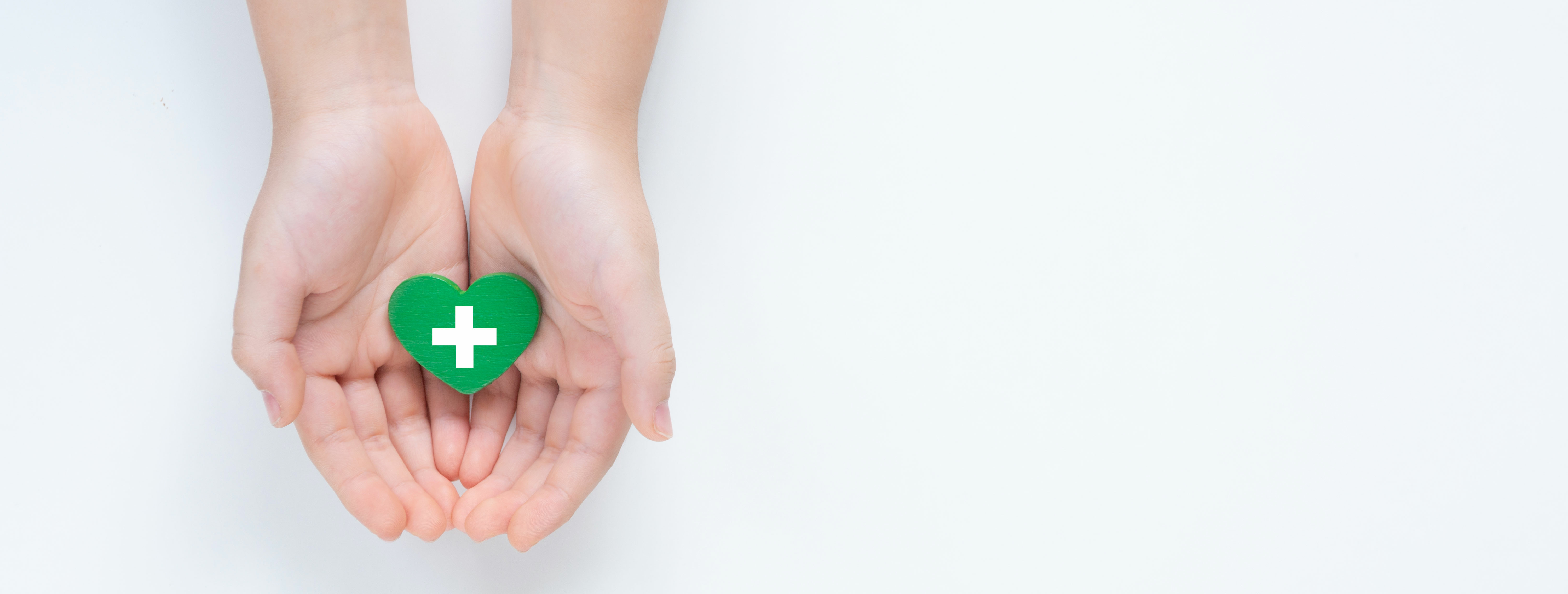Zwei Hände halten ein grünes Herz mit einem weißen Kreuz drauf