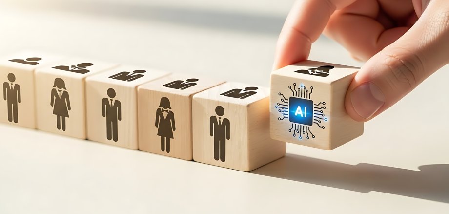 Eine Hand platziert mehrere Würfel mit Menschen und einer KI