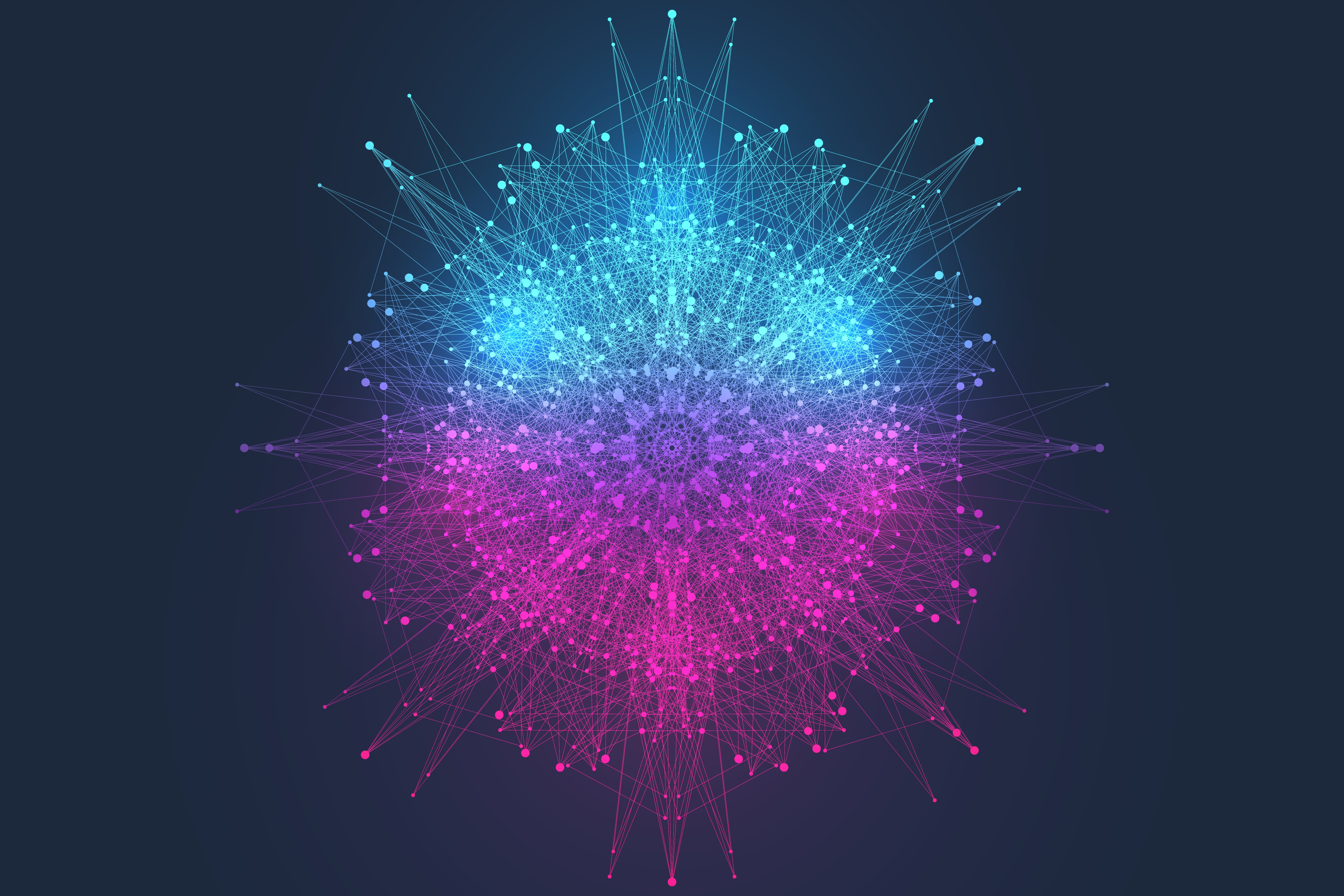 Zahlreiche verknüpfte Punkte bilden einen großen Kreis, der zu pulsieren scheint. Der obere Teil des Kreises ist blau un der untere Teil pink. Der Hintergrund ist dunkel. Symbolbild der Quantencomputer-Technologie