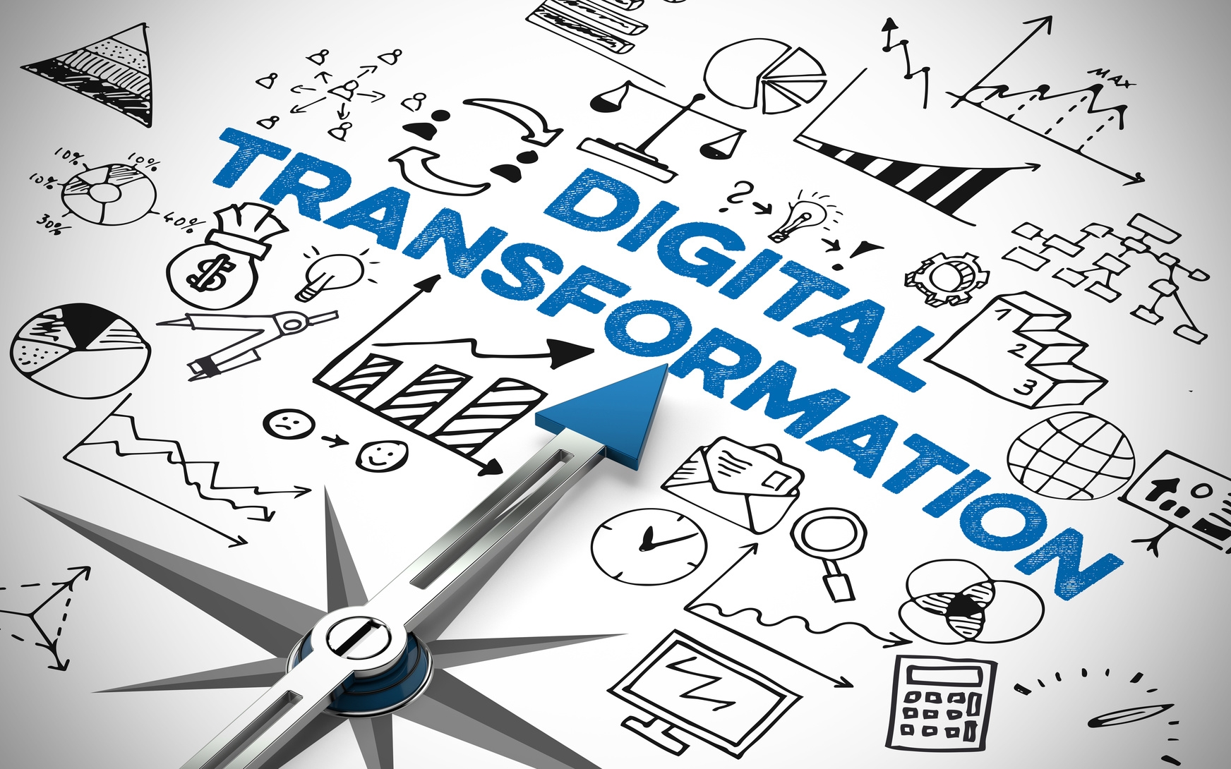 Gezeichnetes Bild mit zahlreichen Arbeitsbezogenen Grafiken und in der Mitte ein großer blauer Pfeil der auf die Worte "Digitale Transformation" zeigt.