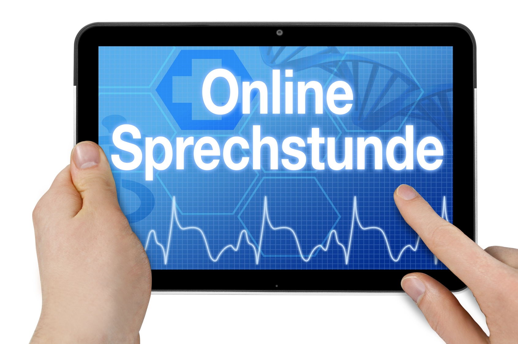 Zwei Hände halten ein Tablet in der Hand. Auf dem Bildschirm des Tablets steht "Online Sprechstunde".
