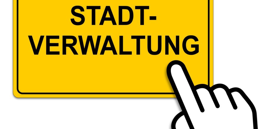 Gelbes Ortsschild mit der Aufschrift "Stadtverwaltung" auf dem ein Cursor liegt.