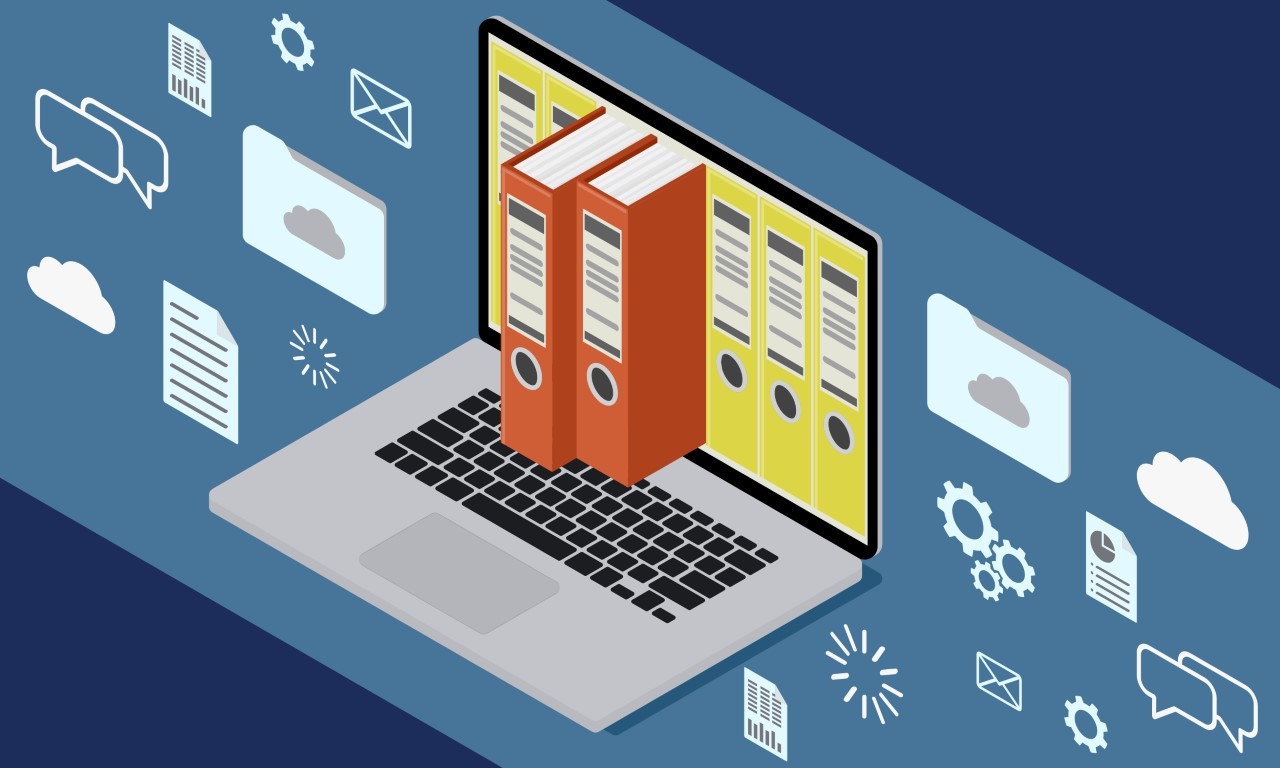 Aus einem Laptopbildschirm kommen Akten hervor. Rundherum sind unter anderem Briefe, Wolken (Clouds), und Zahnräder visualisiert. Aus einem Laptopbildschirm kommen Akten hervor. Rundherum sind unter anderem Briefe, Wolken (Clouds), und Zahnräder visualisiert.