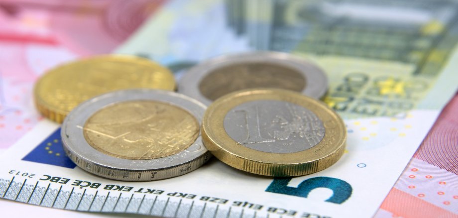 Auf einer Vielzahl von Euro-Scheinen liegen mehrere Münzen