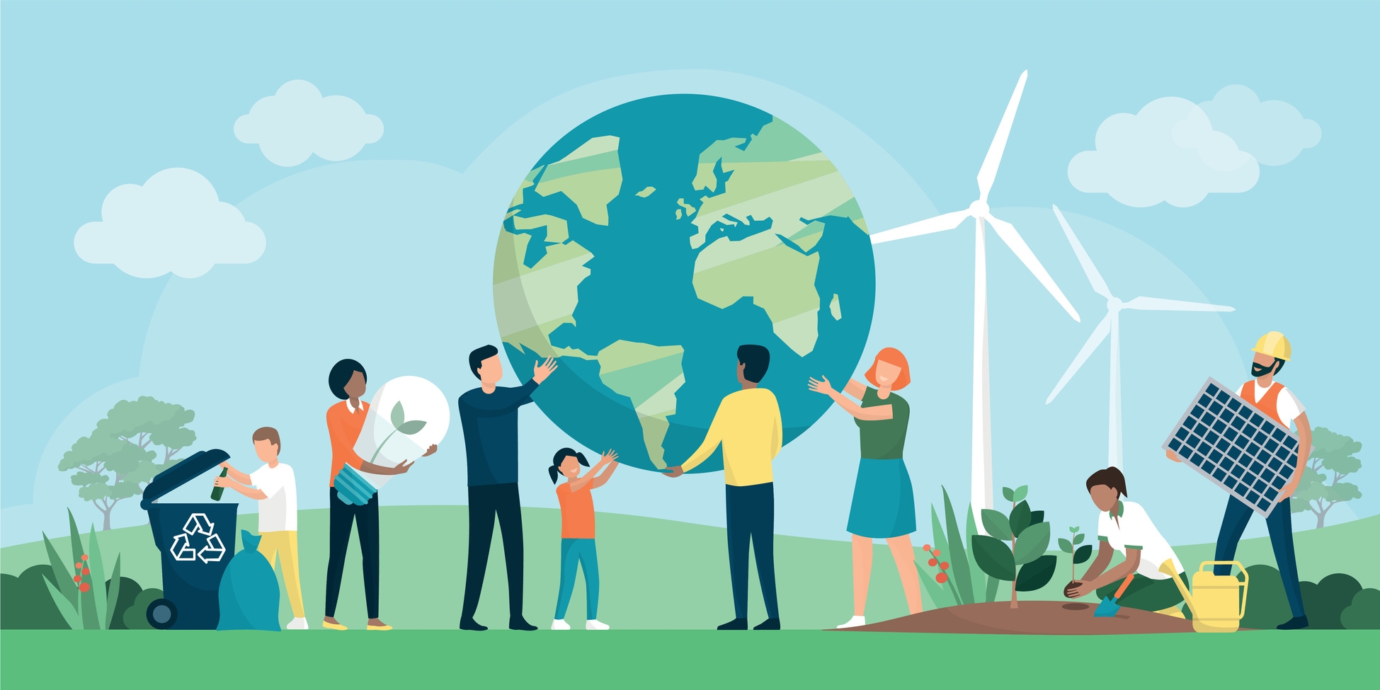 Digitale Illustration mehrerer Menschen, die die Erde tragen Digitale Illustration mehrerer Menschen, die die Erde tragen