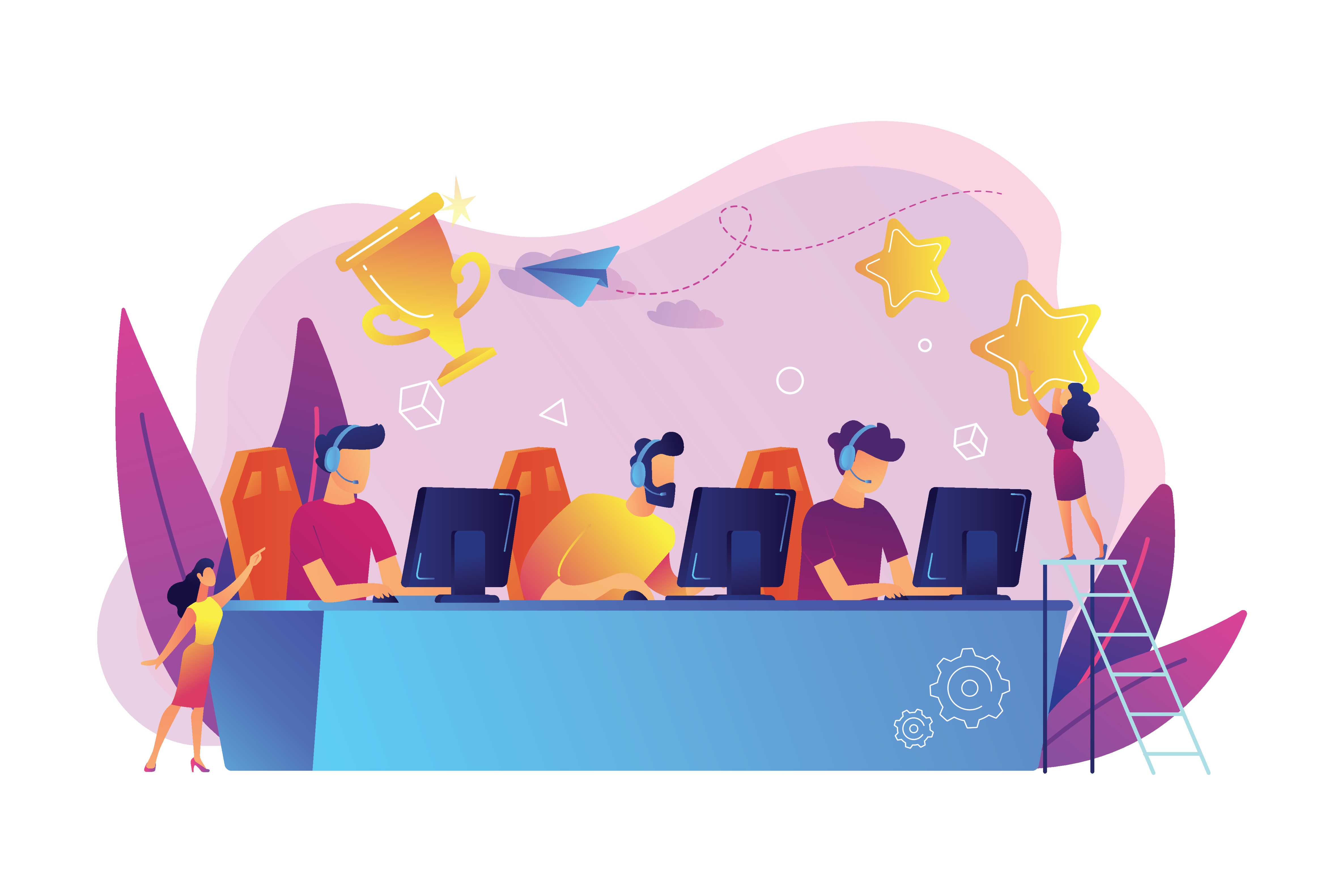 Drei professionelle Gamer sitzen nebeneinander an einem Tisch und nehmen an einem E-Sport-Wettbewerb teil. Im Hintergrund werden Trophän und Sterne aufgehangen. Das Bild ist gezeichnet. Drei professionelle Gamer sitzen nebeneinander an einem Tisch und nehmen an einem E-Sport-Wettbewerb teil. Im Hintergrund werden Trophän und Sterne aufgehangen. Das Bild ist gezeichnet.