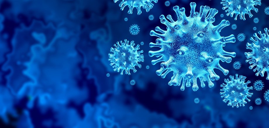 Blaue Darstellung der vergrößerten Corona-Viren
