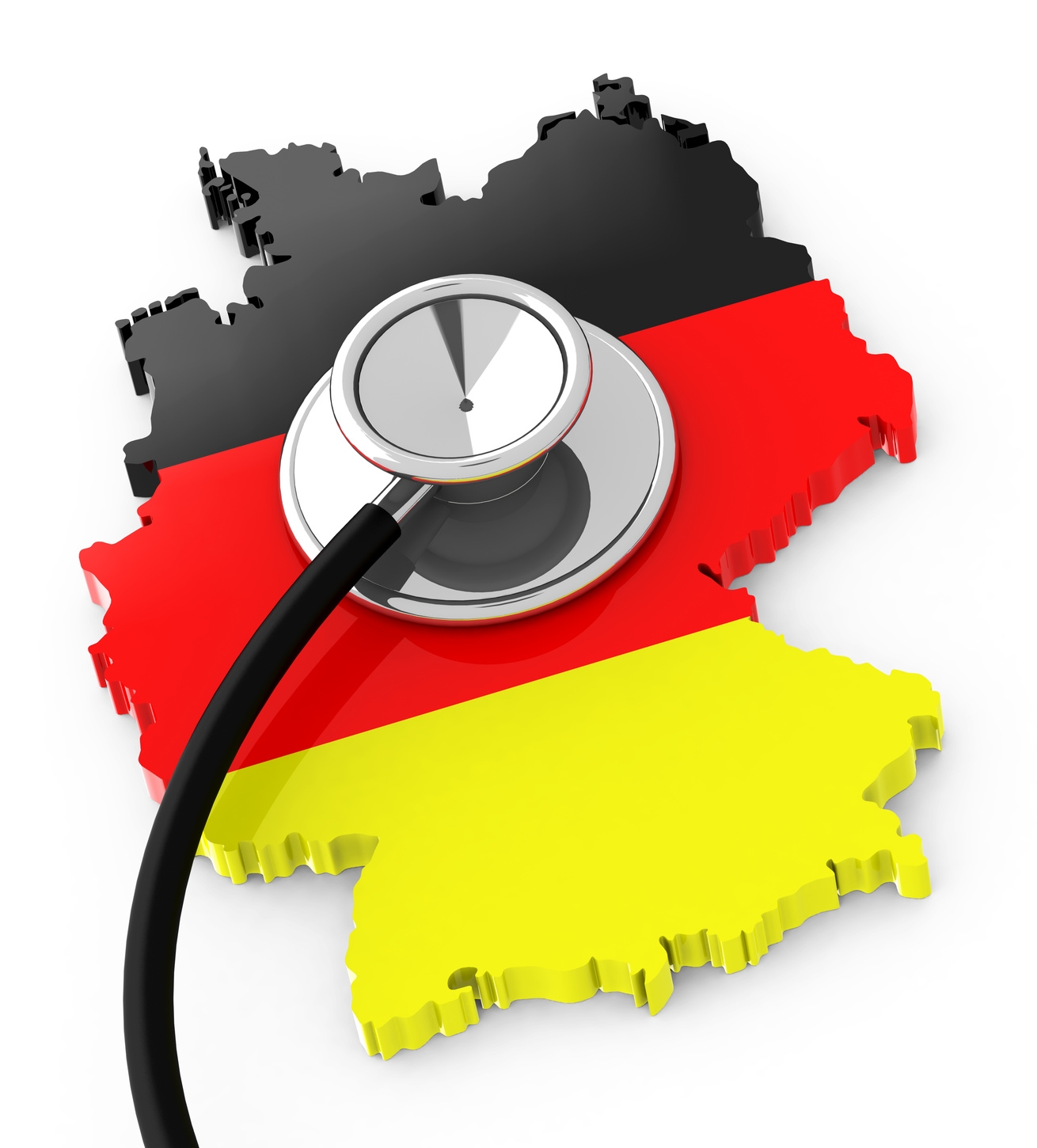 Deutschlandkarte in schwarz, rot, gelb auf der ein Stetoskop liegt.