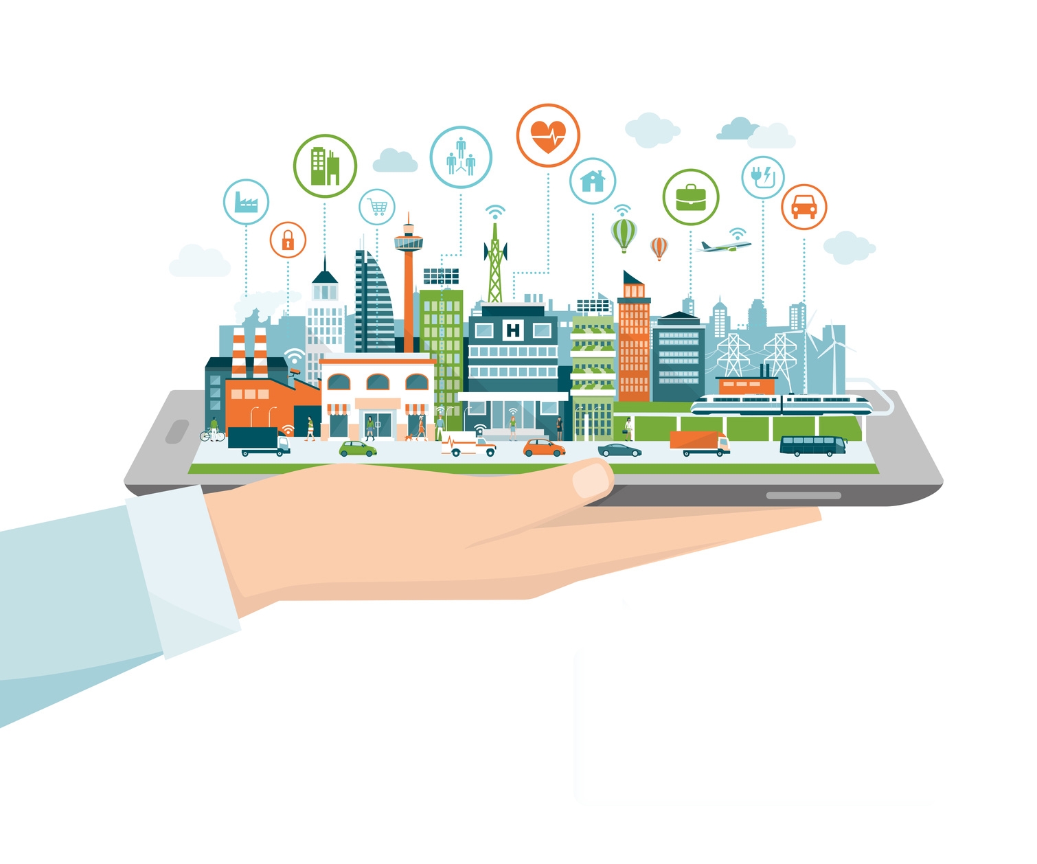 Gezeichnetes Bild auf dem ein Tablet flach auf einer Hand liegt. Aus dem Tablet steigt eine Smart City hervor. Gezeichnetes Bild auf dem ein Tablet flach auf einer Hand liegt. Aus dem Tablet steigt eine Smart City hervor.