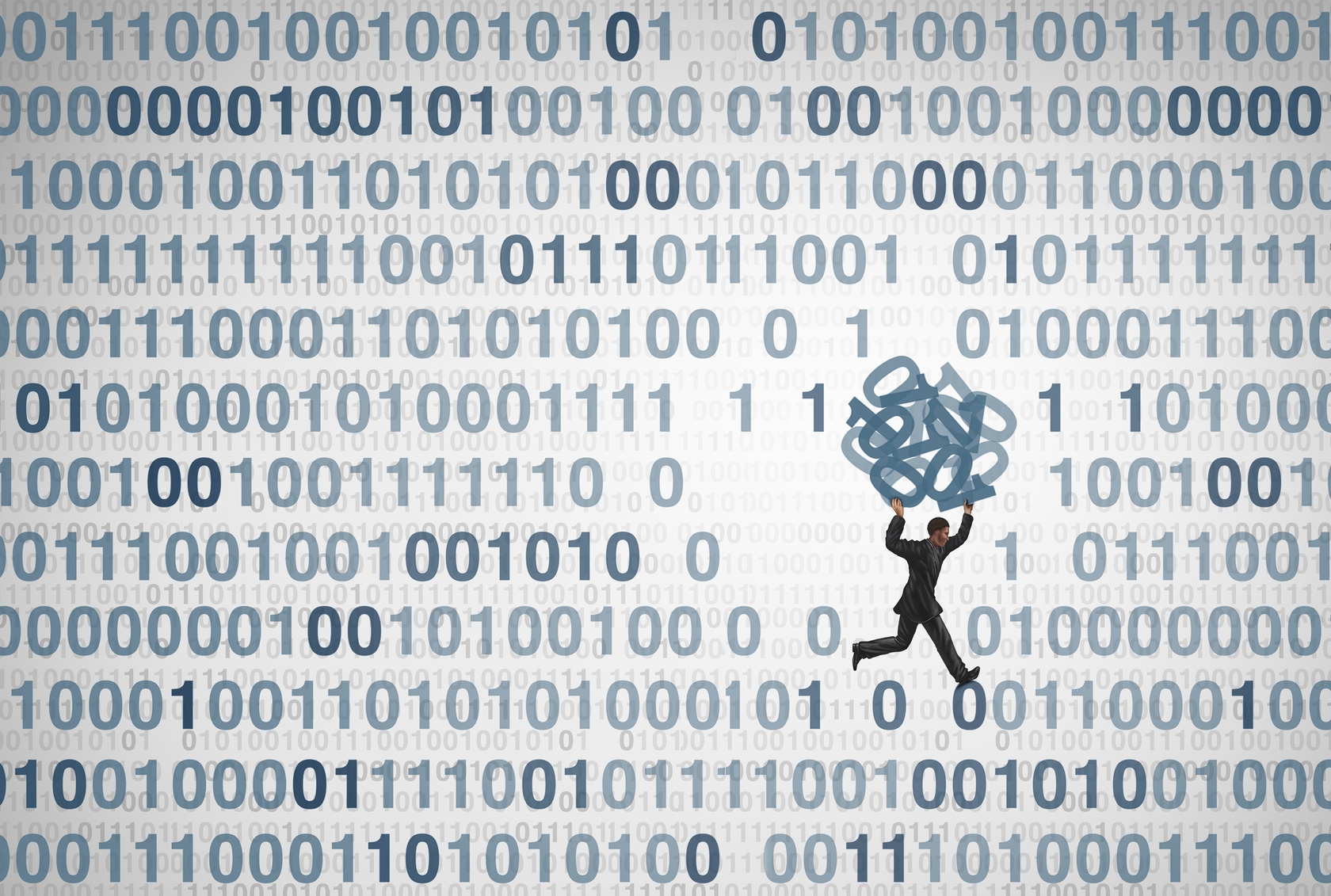 Binärer Computer Code in blau und grau während in dessen Zeilen ein Mann läuft und Zahlen aus dem Code einsammelt. Binärer Computer Code in blau und grau während in dessen Zeilen ein Mann läuft und Zahlen aus dem Code einsammelt.