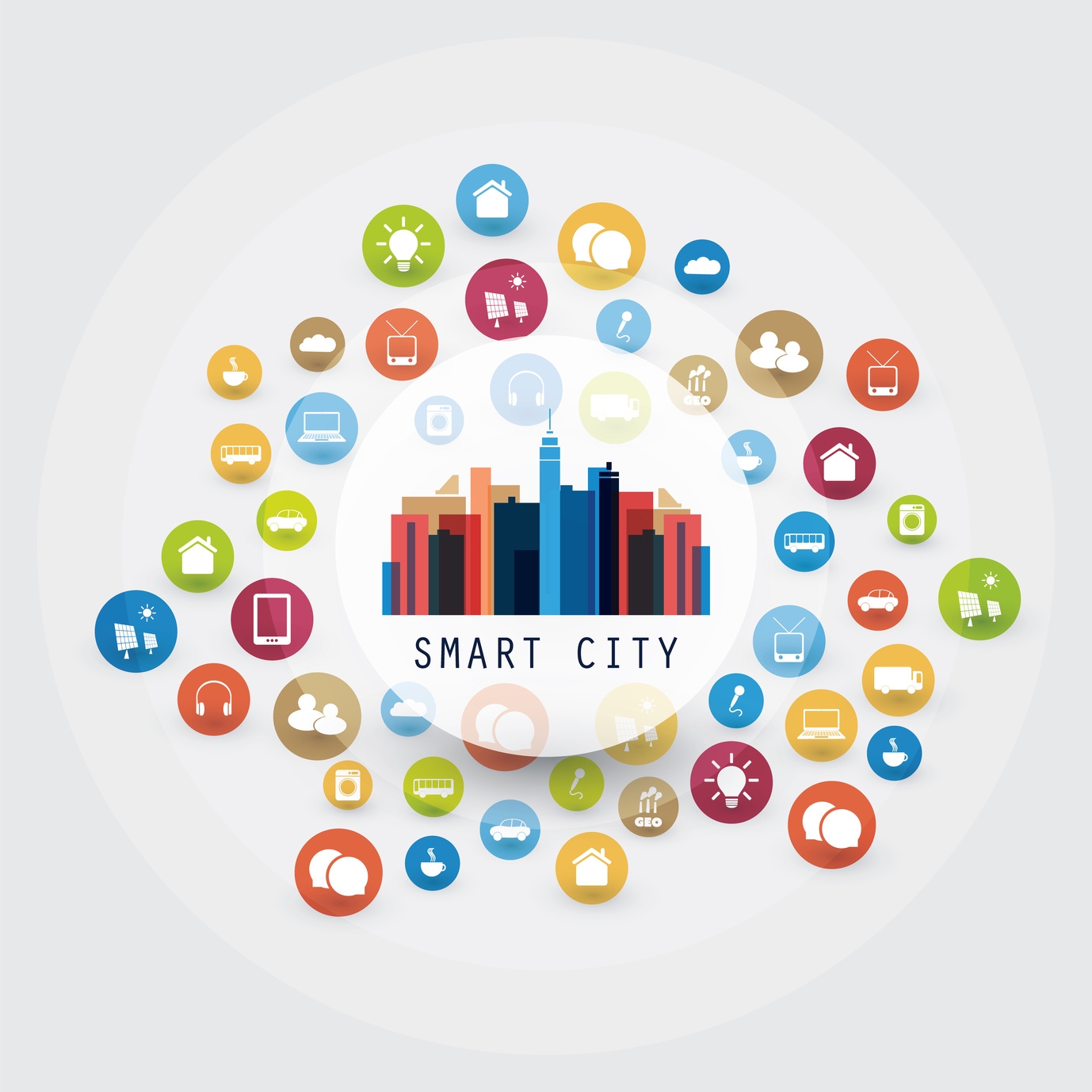 In der Mitte eines grau-weißen Kreises steht das Wort "Smart City" mit einem geschrieben. Über Smart City ist die Skylinie einer Stadt abgebildet. Um die Smart City sind viele Kreise mit Symbolen einer digitalen Stadt abgebildet. In der Mitte eines grau-weißen Kreises steht das Wort "Smart City" mit einem geschrieben. Über Smart City ist die Skylinie einer Stadt abgebildet. Um die Smart City sind viele Kreise mit Symbolen einer digitalen Stadt abgebildet.