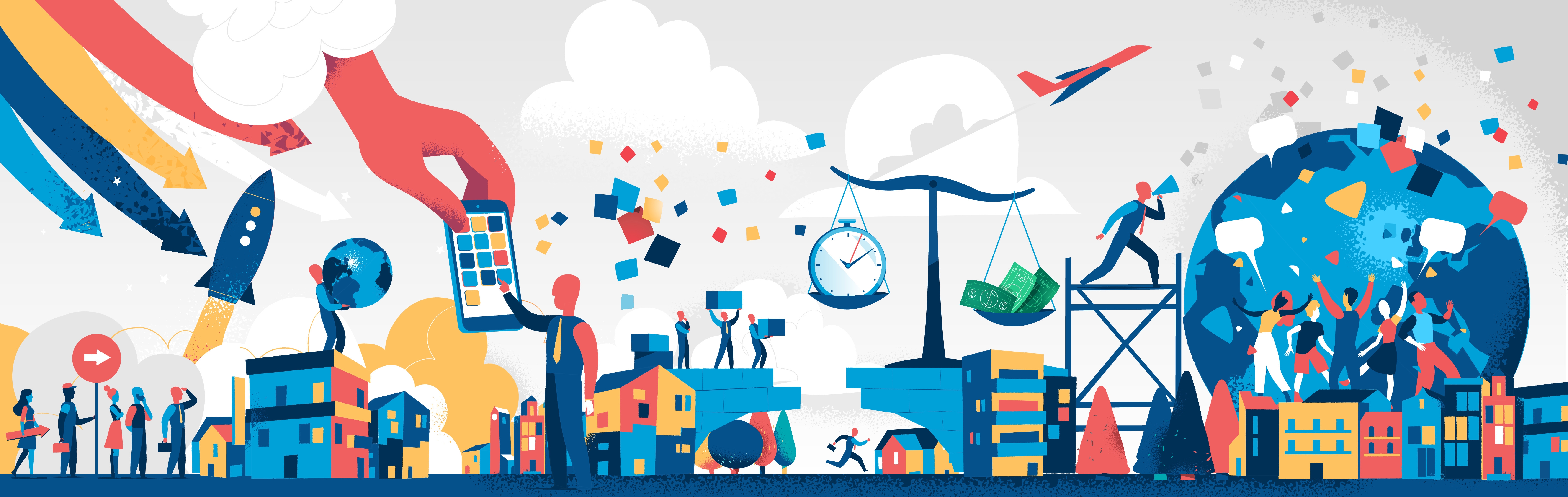 Bunte, digitale Illustration einer digitalen, innovativen Gesellschaft Bunte, digitale Illustration einer digitalen, innovativen Gesellschaft