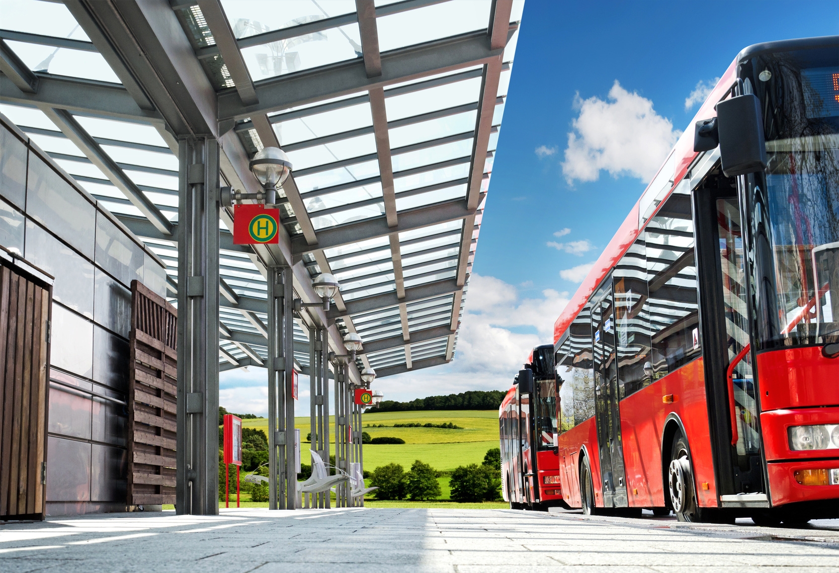 Moderner Busbahnhof auf dem Land - Bus Stop in the Countryside Moderner Busbahnhof auf dem Land - Bus Stop in the Countryside