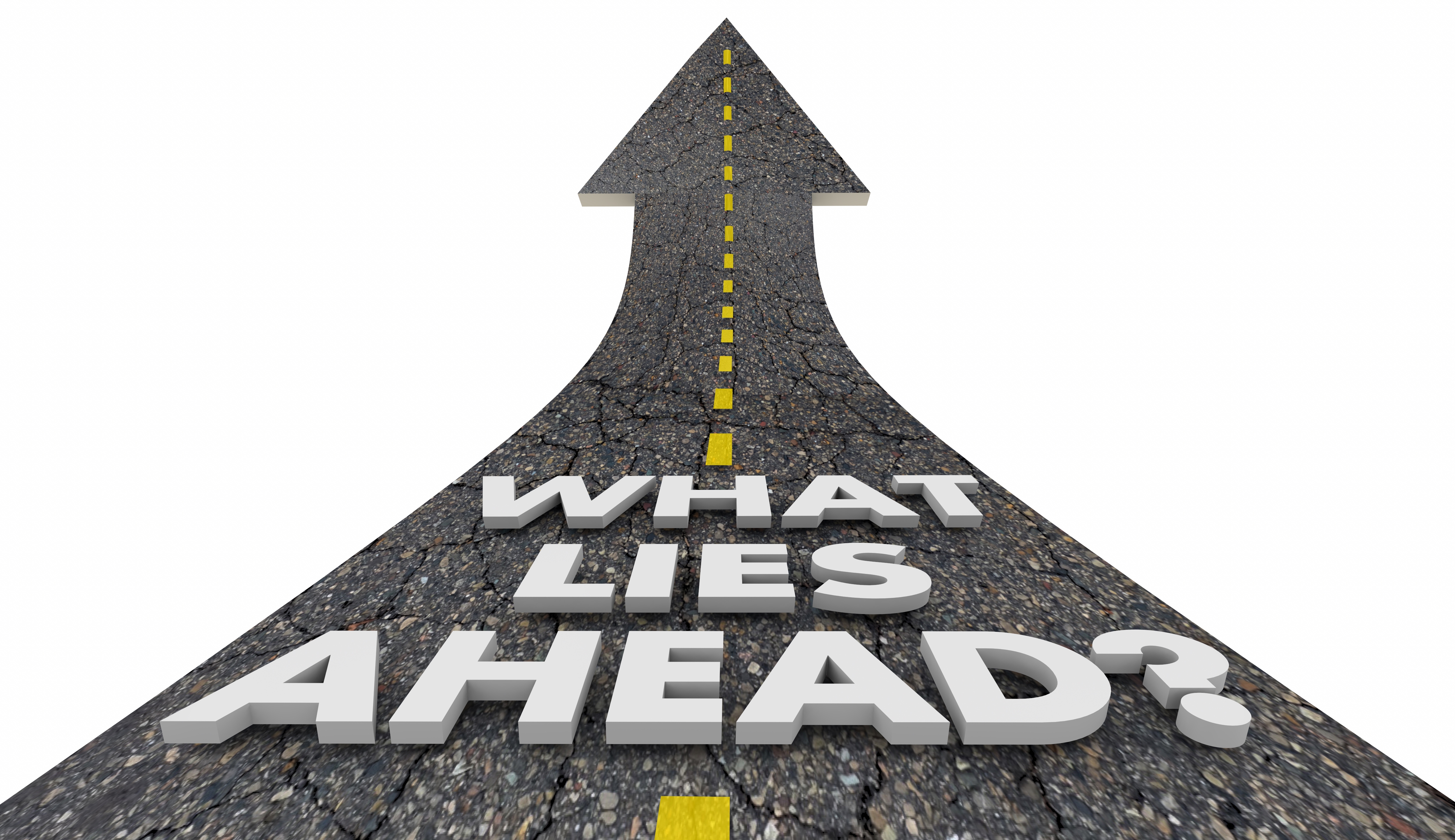 "What Lies Ahead" steht auf eine Straße geschrieben. Die Straße bildet einen Pfeil und verläuft nach oben. Sinnbild für Zukunft und Weiterentwicklung "What Lies Ahead" steht auf eine Straße geschrieben. Die Straße bildet einen Pfeil und verläuft nach oben. Sinnbild für Zukunft und Weiterentwicklung