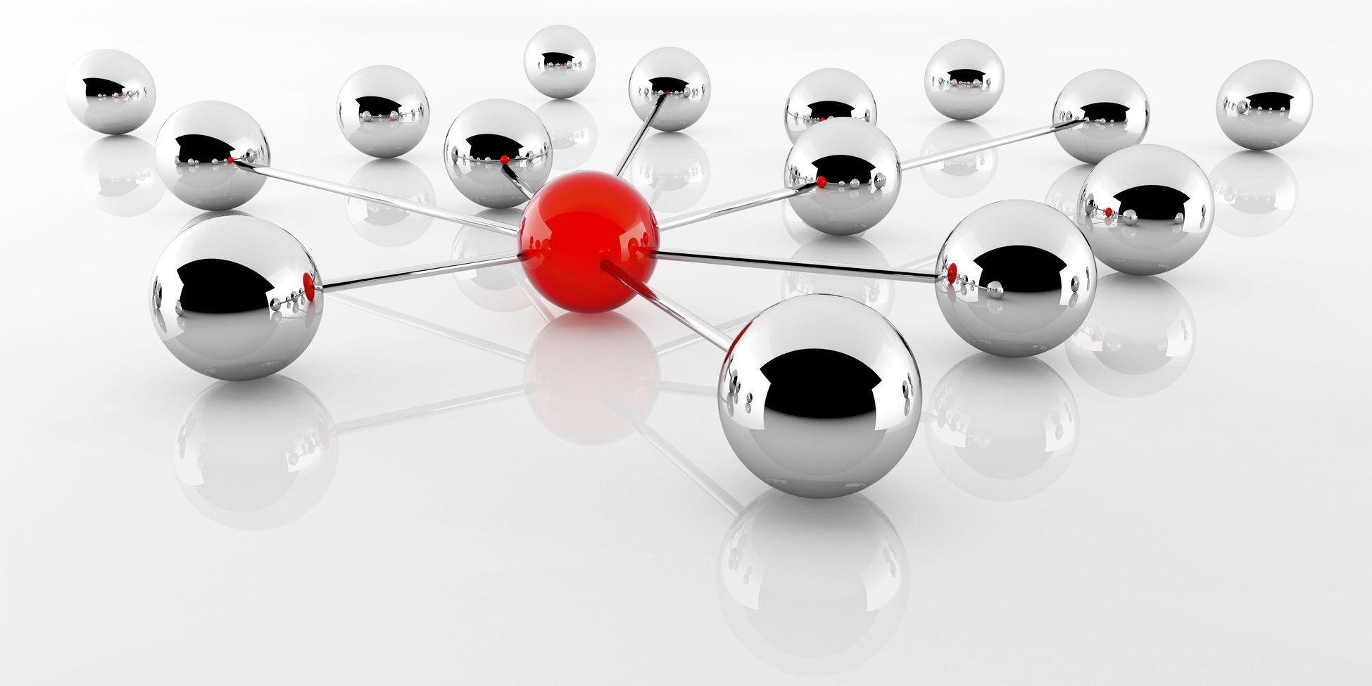 Eine rote Kugel ist mit zahlreichen silbernen Kugeln durch Linien verbunden. Eine rote Kugel ist mit zahlreichen silbernen Kugeln durch Linien verbunden.