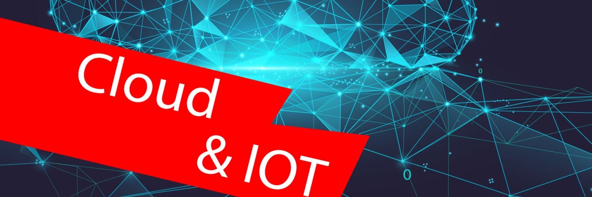 Eine hellblaue Data-Cloud-Wolke vor einem dunklen Hintergrund.  Im Vordergrund ein roter Balken mit der Aufschrift "Cloud & IoT". Eine hellblaue Data-Cloud-Wolke vor einem dunklen Hintergrund.  Im Vordergrund ein roter Balken mit der Aufschrift "Cloud & IoT".