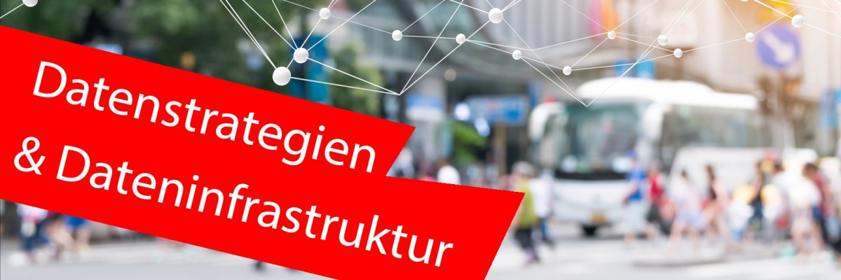 Ein neuronales Netzwerk verbindet Atome im Hintergrund unscharf eine Stadt mit Menschen, Straßenverkehr und Straßen. Im Vordergrund ein roter Balken mit der Aufschrift "Datenstrategien & Dateninfrastruktur". Ein neuronales Netzwerk verbindet Atome im Hintergrund unscharf eine Stadt mit Menschen, Straßenverkehr und Straßen. Im Vordergrund ein roter Balken mit der Aufschrift "Datenstrategien & Dateninfrastruktur".