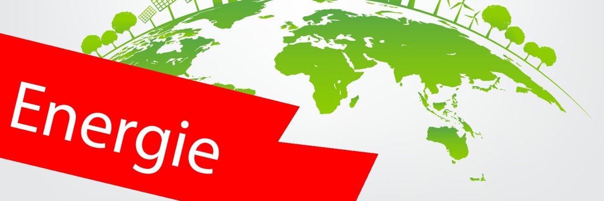 Auf dem oberen Teil eines Globus sind die Umrisse der Kontinente zu erkennen. Diese sind grün ausgemalt. Zudem wird die Skyline einer grünen Großstadt dargestellt. Im Vorderrund ein roter Balken mit der Aufschrift "Energie". Auf dem oberen Teil eines Globus sind die Umrisse der Kontinente zu erkennen. Diese sind grün ausgemalt. Zudem wird die Skyline einer grünen Großstadt dargestellt. Im Vorderrund ein roter Balken mit der Aufschrift "Energie".