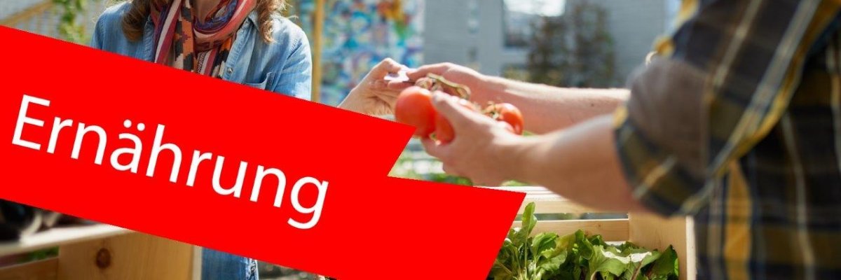Frau kauft Lebensmittel bei Erzeuger. Im Vordergrund roter Balken "Ernährung". Frau kauft Lebensmittel bei Erzeuger. Im Vordergrund roter Balken "Ernährung".