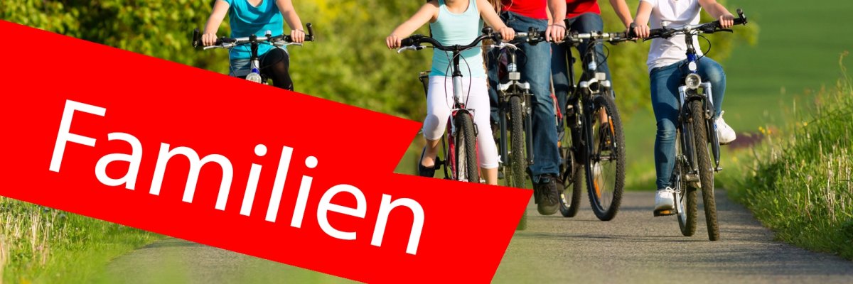 Radausflug einer Familie im Grünen. Im Vordergrund ein roter Balken mit der Aufschrift "Familie". Radausflug einer Familie im Grünen. Im Vordergrund ein roter Balken mit der Aufschrift "Familie".