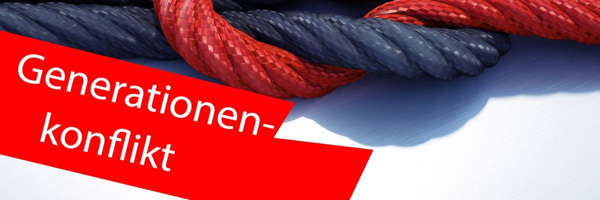 zwei verknotete Seilerot - ein Seil ist  das andere blau; Symbolbild: Konflikt. Im Vordergrund ein roter Baken mit der Aufschrift "Generationenkonflikt".