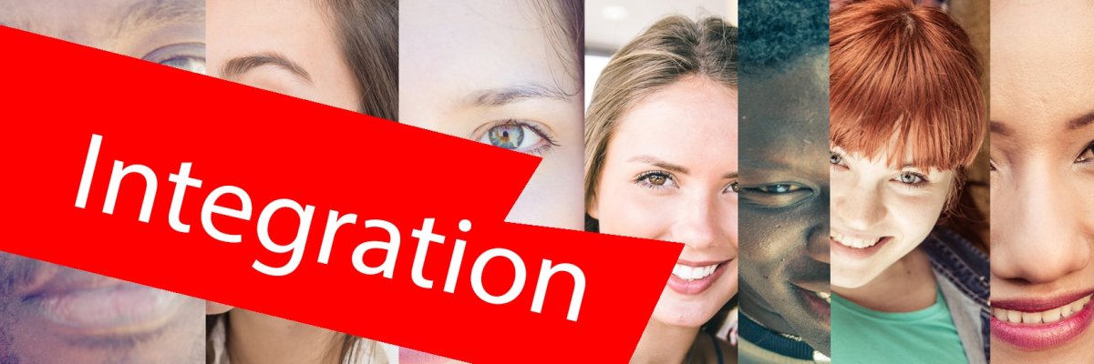 Viele verschiedene Gesichter - Menschen unterschiedlicher Herkunft - ergeben eine Collage. Im Vordergrund ein roter Balken mit der Aufschrift "Integration".