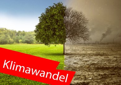 Ein Baum, der geteilt ist: die eine Hälfte ist grün, die andere Hälfte grau und tot. Im Vordergrund ein roter Balken mit der Aufschrift "Klimawandel". Ein Baum, der geteilt ist: die eine Hälfte ist grün, die andere Hälfte grau und tot. Im Vordergrund ein roter Balken mit der Aufschrift "Klimawandel".