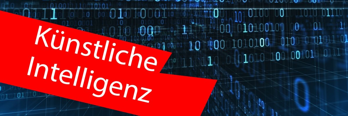 binärer Computer Code in dunkelblau-schwarz. Im Vordergrund ein roter Balken mit der Aufschrift "Künstliche Intelligenz".