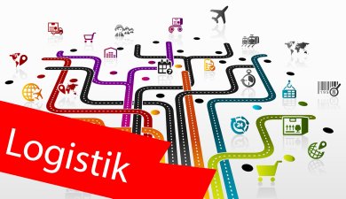 Illustration Logistik-Infrastruktur. Im Vordergurnd ein roter Balken mit der Aufschrift "Logistik". Illustration Logistik-Infrastruktur. Im Vordergurnd ein roter Balken mit der Aufschrift "Logistik".