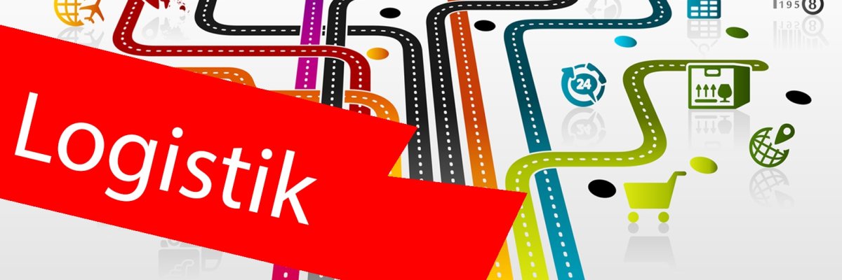Illustration Logistik-Infrastruktur. Im Vordergurnd ein roter Balken mit der Aufschrift "Logistik".