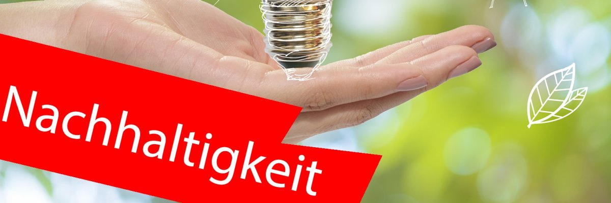 Hand hält Glühbirne vor grünen Hintergrund  und Energie-Symbolen. Im Vordergrund ein roter Balken mit der Aufschrift "Nachhaltigkeit"
