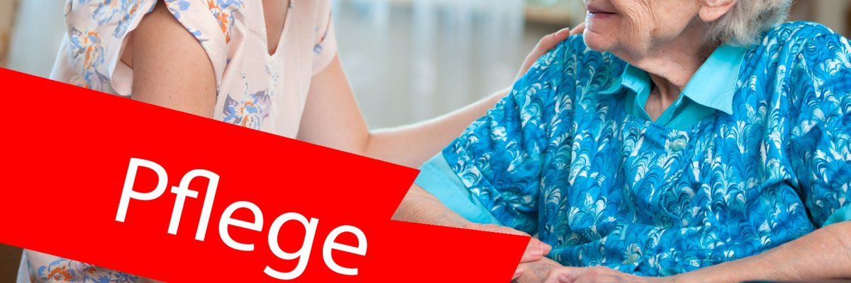 Eine junge Frau, die mit einer älteren Frau spricht. Im Vordergrund ein roter Balken mit der Aufschrift "Pfelge". Eine junge Frau, die mit einer älteren Frau spricht. Im Vordergrund ein roter Balken mit der Aufschrift "Pfelge".