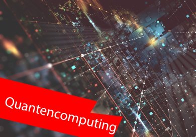 digitale Quantencomputer-Architektur. Im Vordergrund ein roter Balken mit der Aufschrift "Quantencomputing". digitale Quantencomputer-Architektur. Im Vordergrund ein roter Balken mit der Aufschrift "Quantencomputing".