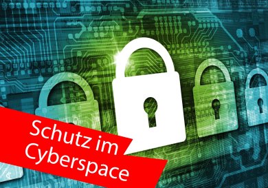 Vier Vorhängeschlösser nebeneinander, deren Größe zur Mitte hin zunimmt und dann wieder abnimmt. Im Hintergrund findet sich das Bild von Schaltkreisen. Im Vordergrund ein roter Balken mit der Aufschrift "Schutz im Cyberspace". Vier Vorhängeschlösser nebeneinander, deren Größe zur Mitte hin zunimmt und dann wieder abnimmt. Im Hintergrund findet sich das Bild von Schaltkreisen. Im Vordergrund ein roter Balken mit der Aufschrift "Schutz im Cyberspace".
