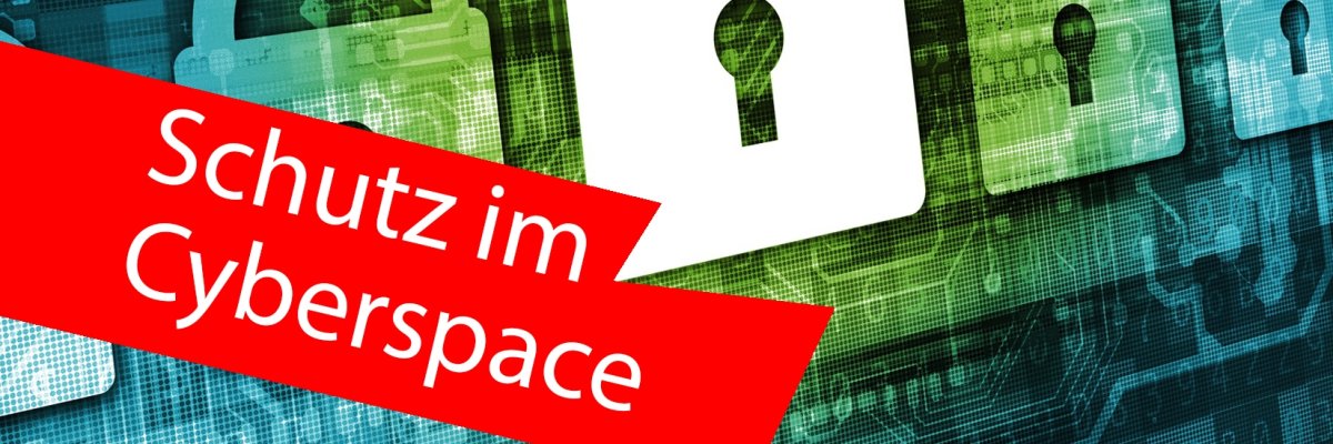Vier Vorhängeschlösser nebeneinander, deren Größe zur Mitte hin zunimmt und dann wieder abnimmt. Im Hintergrund findet sich das Bild von Schaltkreisen. Im Vordergrund ein roter Balken mit der Aufschrift "Schutz im Cyberspace". Vier Vorhängeschlösser nebeneinander, deren Größe zur Mitte hin zunimmt und dann wieder abnimmt. Im Hintergrund findet sich das Bild von Schaltkreisen. Im Vordergrund ein roter Balken mit der Aufschrift "Schutz im Cyberspace".