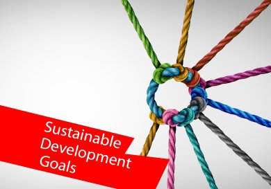 Neun bunte Seile bilden zusammen einen Kreis. Im Vordergrund ein roter Balken mit der Aufschrift "Sustainable Development Goal". Neun bunte Seile bilden zusammen einen Kreis. Im Vordergrund ein roter Balken mit der Aufschrift "Sustainable Development Goal".