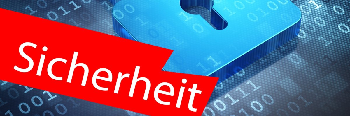 Hellblaues Vorhängeschloss vor binärem Computercode. Symbolbild: Sicherheit im Netz. Im Vordergrund ein roter Balken mit der Aufschrift "Sicherheit". Hellblaues Vorhängeschloss vor binärem Computercode. Symbolbild: Sicherheit im Netz. Im Vordergrund ein roter Balken mit der Aufschrift "Sicherheit".