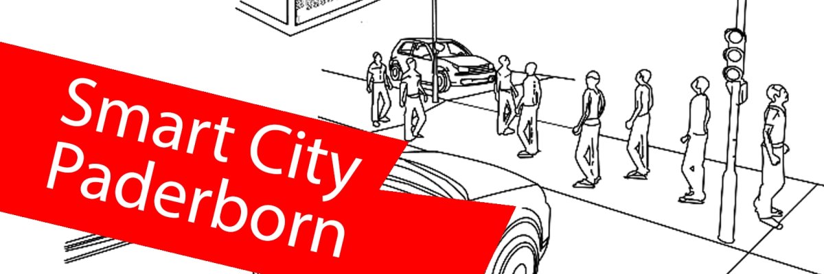 Skizzenhafte Darstellung des Schlossstraßen-Projekts in Paderborn. Im Vordergrund ein roter Balken mit der Aufschrift "Smart City Paderborn". Skizzenhafte Darstellung des Schlossstraßen-Projekts in Paderborn. Im Vordergrund ein roter Balken mit der Aufschrift "Smart City Paderborn".