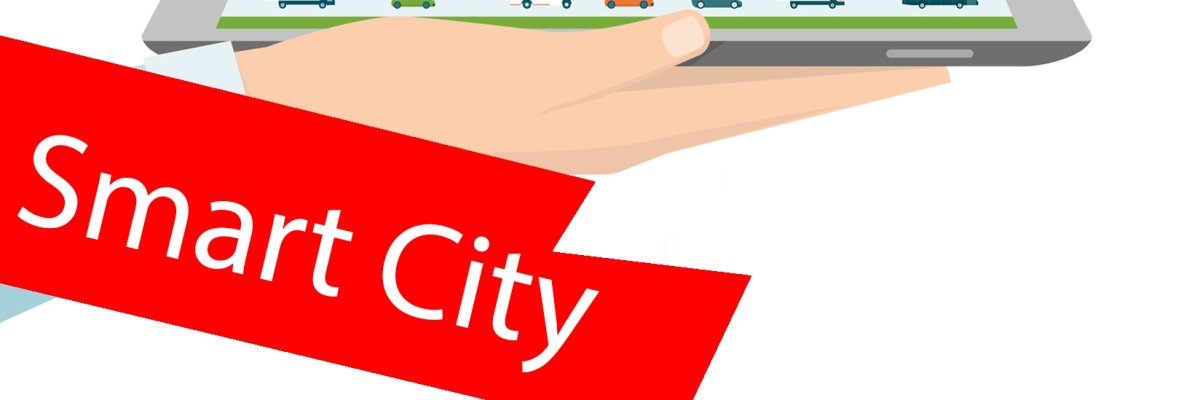 Gezeichnetes Bild auf dem ein Tablet flach auf einer Hand liegt. Aus dem Tablet steigt eine Smart City hervor. Im Vordergrund ein roter Balken mit der Aufschrift "Smart City". Gezeichnetes Bild auf dem ein Tablet flach auf einer Hand liegt. Aus dem Tablet steigt eine Smart City hervor. Im Vordergrund ein roter Balken mit der Aufschrift "Smart City".