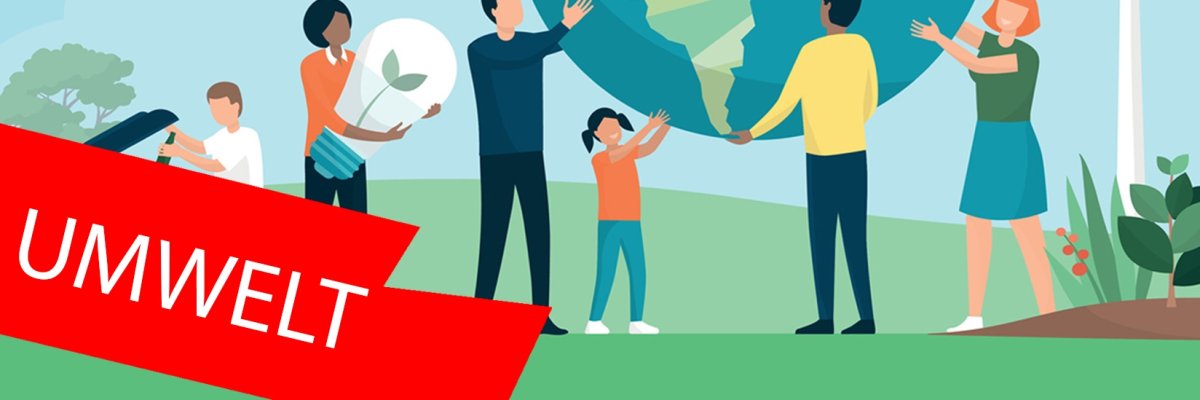 Digitale Illustration mehrerer Menschen, die die Erde tragen. Im Vordergrund ein roter Balken mit der Aufschrift "Umwelt" Digitale Illustration mehrerer Menschen, die die Erde tragen. Im Vordergrund ein roter Balken mit der Aufschrift "Umwelt"
